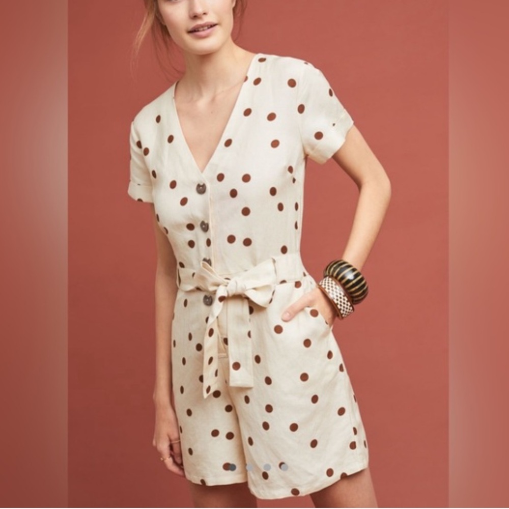 Moon River for Anthropologie Polka Dot Short Sleeve Romper Linen Blend